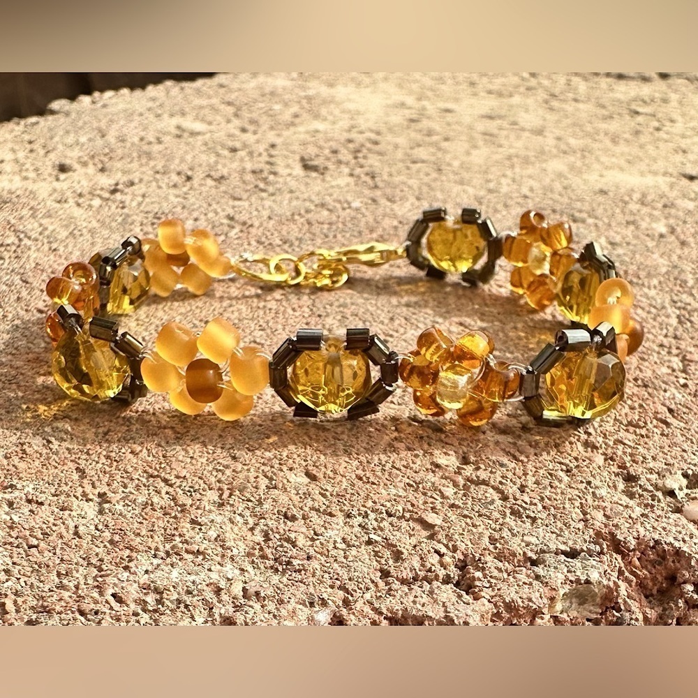 Brown & Orange Floral Glass Beaded Bracelet w Gold Colored Accents